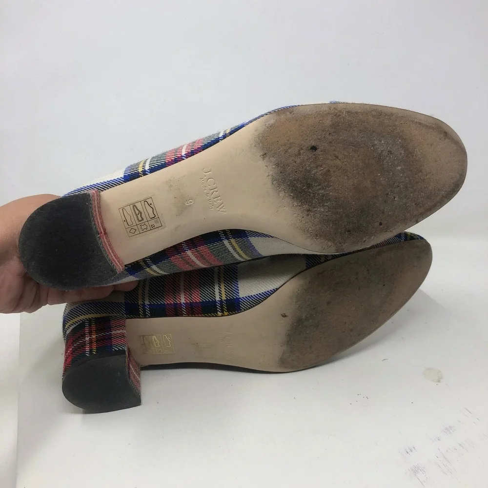 J.Crew Plaid Tartan Block Heel Pumps Womens 9 Multi-Color Scalloped